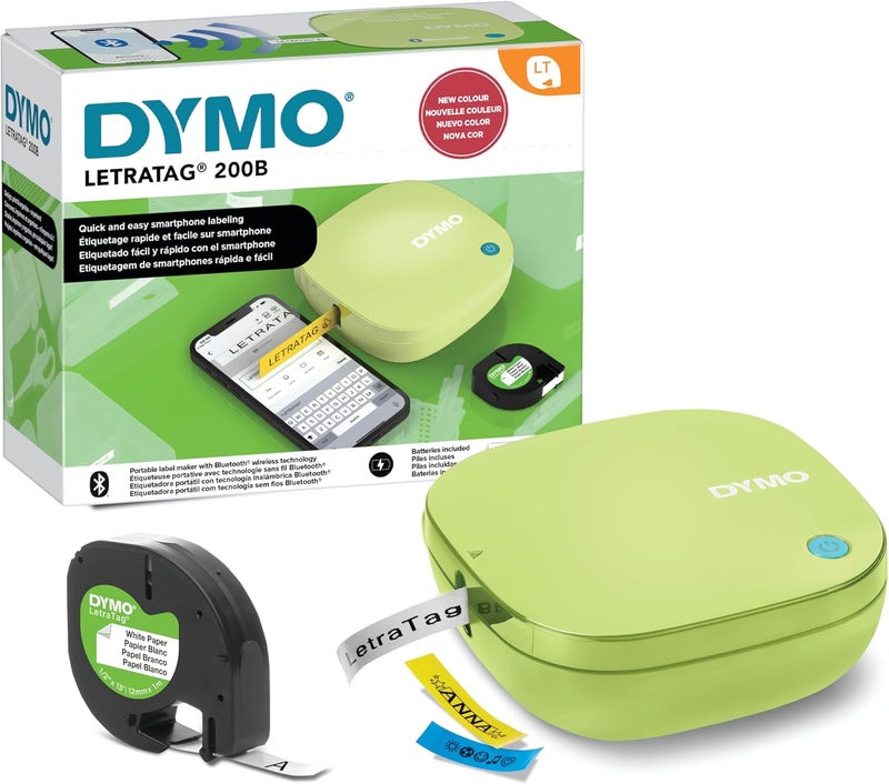 Dymo صانع الملصقات بلوتوث LetraTag 200B، طابعة ملصقات مدمجة، تتصل عبر تقنية البلوتوث اللاسلكية مع iOS و Android، تشمل شريط ملصقات ورقي أبيض واحد، أصفر فستقي - Image 1